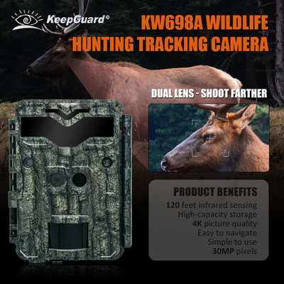狩猟カメラ KW698A 双センサー 0.25s 撮影速度 30MP 1080PHD ライトなし 100フィート 夜間範囲 防水 IP67 スカウティングカメラ